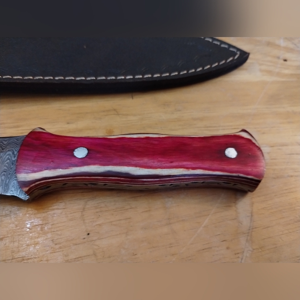 New Mens Red Damascus Steel Blade Knife Double Edged Dagger with Sheath - Picture 3 of 10